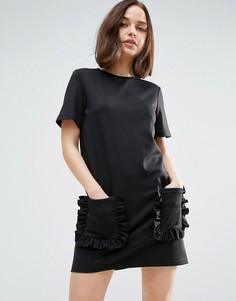 Платье-футболка с оборками на карманах ASOS - Черный