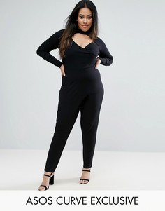 Комбинезон с длинными рукавами и чокером ASOS CURVE - Черный