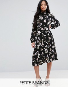 Платье миди с длинными рукавами и цветочным принтом New Look Petite - Черный