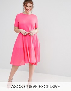 Короткое приталенное платье-футболка с тканой хлопковой вставкой ASOS CURVE - Розовый