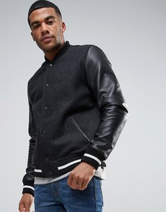Черная полушерстяная университетская куртка с кожаными рукавами ASOS - Черный