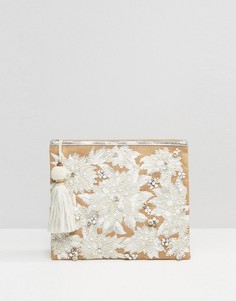Белая сумка-клатч из джута с вышивкой и отделкой в виде жемчуга Star Mela - Белый
