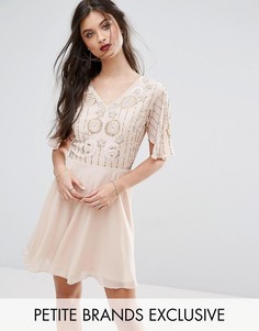 Короткое приталенное премиум-платье для выпускного с отделкой на лифе Frock And Frill Petite - Бежевый