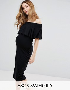 Платье-футляр миди с вырезом лодочкой и оборкой ASOS Maternity - Черный