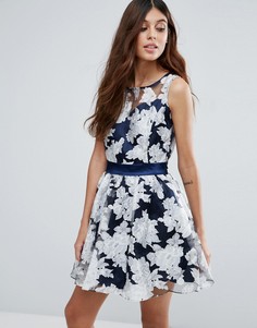 Платье из органзы с цветочным принтом и атласным поясом Zibi London - Синий