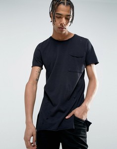 Черная длинная футболка с рваной отделкой New Look - Черный