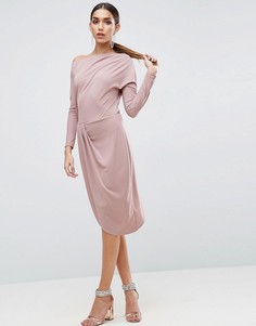 Облегающее платье миди на одно плечо с драпировкой ASOS - Розовый