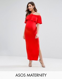 Платье макси с оборкой и открытыми плечами ASOS Maternity - Красный