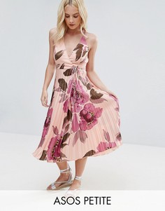 Платье миди с запахом, складками и цветочным принтом ASOS PETITE - Розовый