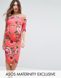 Платье с цветочным принтом и рукавами до локтя ASOS Maternity - Красный