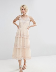 Кружевное ярусное платье миди Vero Moda - Бежевый