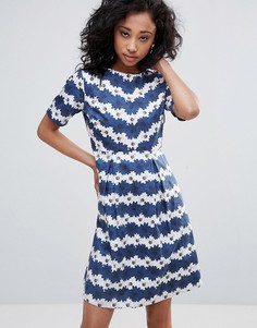 Короткое приталенное платье в цветочную полоску Uttam Boutique - Темно-синий