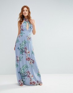 Платье макси с цветочным принтом и высоким воротом City Goddess - Синий