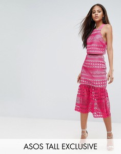 Кружевная юбка миди с оборкой на подоле ASOS TALL - Розовый