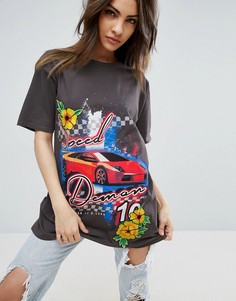 Футболка с принтом и цветочной аппликацией ASOS - Черный