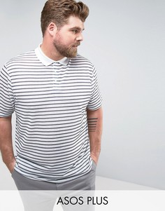 Свободная футболка-поло в полоску из имитирующей лен ткани ASOS PLUS - Белый