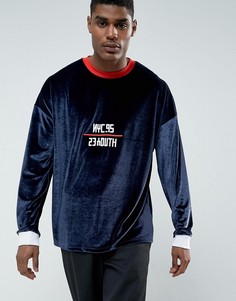 Свободный велюровый лонгслив с принтом 23 Youth ASOS - Темно-синий
