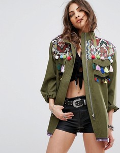 Фестивальная куртка с вышивкой и кисточками Boohoo - Зеленый
