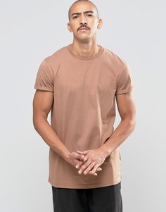 Коричневая удлиненная футболка с отворотами на рукавах ASOS - Коричневый