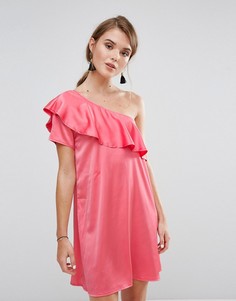 Атласное платье на одно плечо с оборкой Rage - Розовый