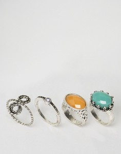 4 кольца с витой отделкой и камнями ASOS - Серебряный