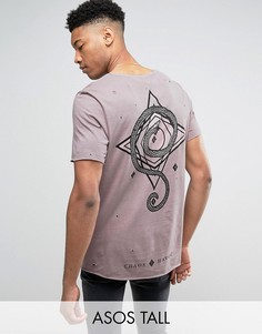 Длинная футболка с принтом на спине и рваной отделкой ASOS TALL - Красный