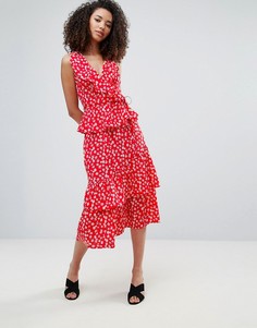 Ярусная юбка миди с цветочным принтом Influence - Красный