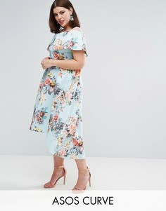 Платье миди с открытыми плечами, цветочным принтом и удлиненным сзади краем ASOS CURVE - Мульти