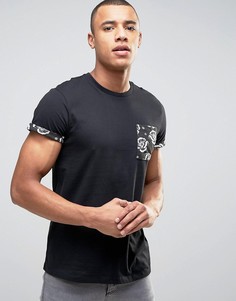 Черная футболка с цветочным принтом на кармане и рукавах New Look - Черный