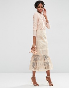 Кружевная юбка-карандаш миди с оборкой ASOS - Бежевый