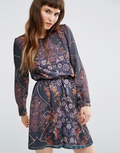Платье в цветочек с длинными рукавами и ремнем Lavand - Серый