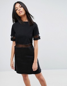 Джинсовое платье-футболка с сетчатыми вставками ASOS - Черный