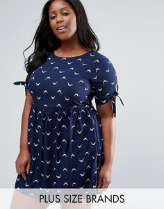 Короткое приталенное платье с завязками на рукавах и птицами Yumi Plus - Темно-синий