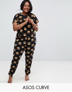 Пижама с футболкой и джоггерами с бургерами ASOS CURVE - Черный