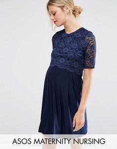 Короткое приталенное платье в два слоя с кружевом для беременных и кормящих ASOS Maternity - Темно-синий