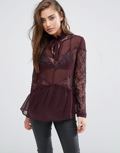 Полупрозрачная блузка с кружевом Miss Selfridge - Фиолетовый