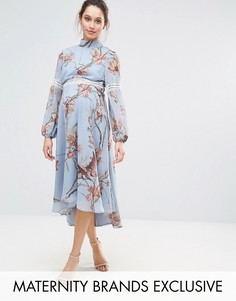 Платье миди с кружевными вставками и принтом птиц Hope & Ivy Maternity - Синий