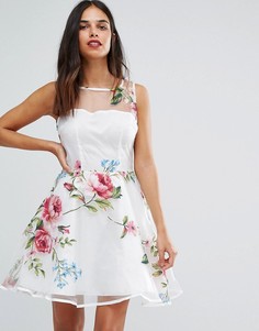 Короткое приталенное платье с цветочным принтом AX Paris - Кремовый