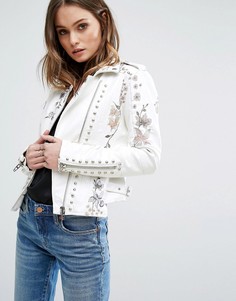Байкерская куртка из искусственной кожи с цветочной вышивкой и заклепками Blank NYC - Белый
