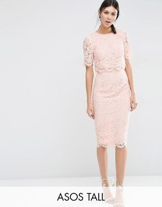 Кружевное платье-футляр миди с укороченным топом ASOS TALL - Розовый