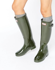 Темно-оливковые блестящие резиновые сапоги Hunter Original Refined - Зеленый