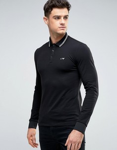Черная узкая футболка-поло стретч с длинными рукавами Armani Jeans - Черный