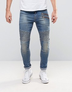 Супероблегающие джинсы с двумя молниями и байкерской отделкой ASOS - Синий