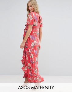 Чайное платье макси с цветочным принтом и оборками ASOS Maternity - Красный