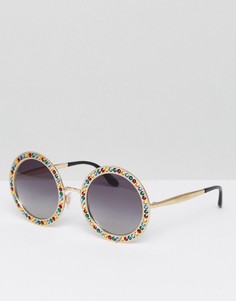 Большие круглые солнцезащитные очки в позолоченной оправе со стразами Dolce & Gabbana - Золотой