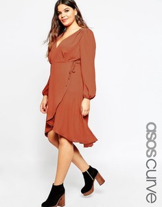 Платье миди с рукавами в стиле 70‑х и запахом ASOS CURVE - Красный