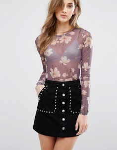 Сетчатое боди с цветочным принтом Miss Selfridge - Фиолетовый