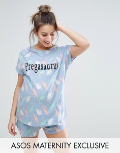 Пижамный комплект для беременных с футболкой и шортами ASOS Maternity Pregosaurus - Синий