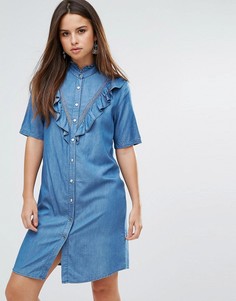 Джинсовое платье-рубашка с оборками и короткими рукавами Liquorish - Синий