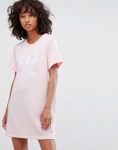 Светло-розовое платье-футболка с логотипом-трилистником adidas Originals - Розовый